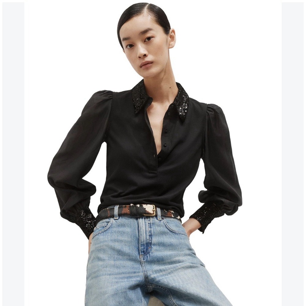 ME + EM Black Sequin Detailed Collared Shirt Sz US 10